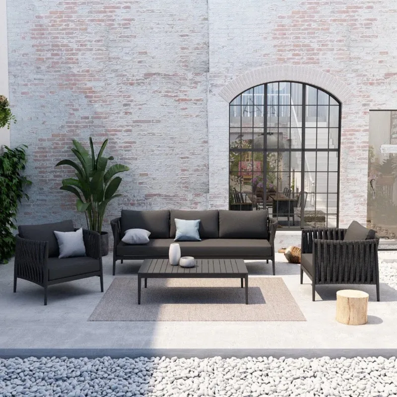 

#Luxury High-End European Outdoor Lounge Sofa 3-Seater Metal Frame Rope Woven Aluminum Multi-Function Garden Patio Sets Outdoor