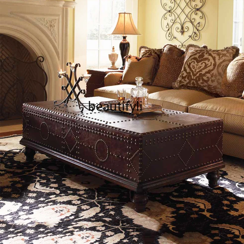 American Style All Solid Wood Nostalgic Box Type Tea Table Leather Sofa Coffee Table Corner Reception Tea Table Genuine Leather