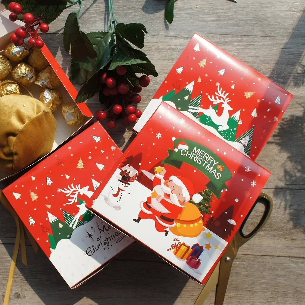 

14.5*14.5*5cm 10pcs Red Christmas Santa Claus Elk Sled Paper Box As Cookie Candy Sweet Boxes Gift Packaging Party Use