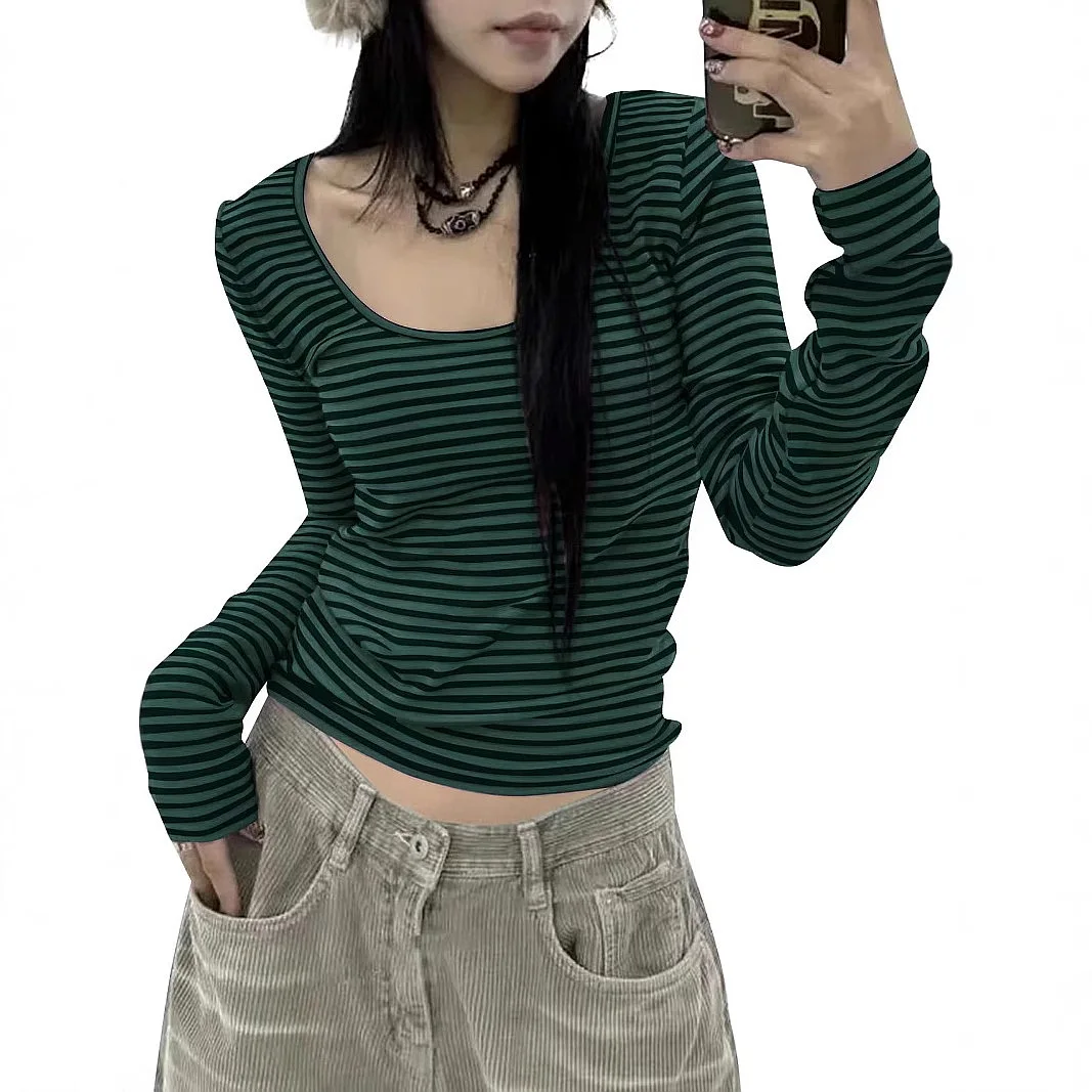 Knitted Stripe T Shirt Tops Tee Blouse Slim Fit U Neck Casual T Shirts Knitwear