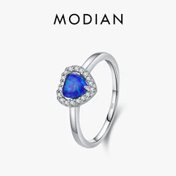 MODIAN 925 Sterling Silver Charm Exquisite Vintage Blue Heart Opal Ring Romantic Retro Anniversary Gift For Women Fine Jewelry