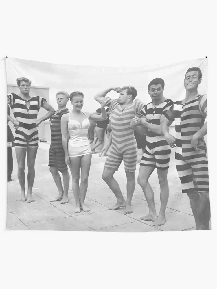 Men Flexing Muscles, Funny Black and White Vintage Photo Tapestry Funny Custom Art Mural Bathroom Decor Tapestry