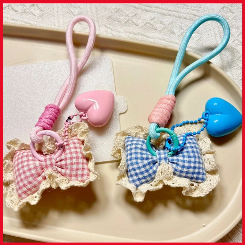 

New Sweet Bow Plush Toy Keychain Girl Backpack Cute Pendant Heart-Shaped Grid Pp Cotton Car Hanging Decoration Christmas Gift