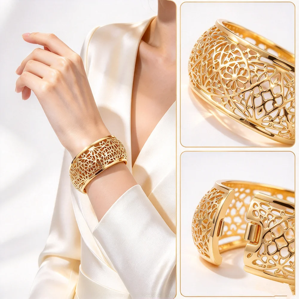 Gold Plated Ladies Dubai Wrist Flower Open Design Indian African Hard Hand Bracelet Algerian Wedding Arm Accessory