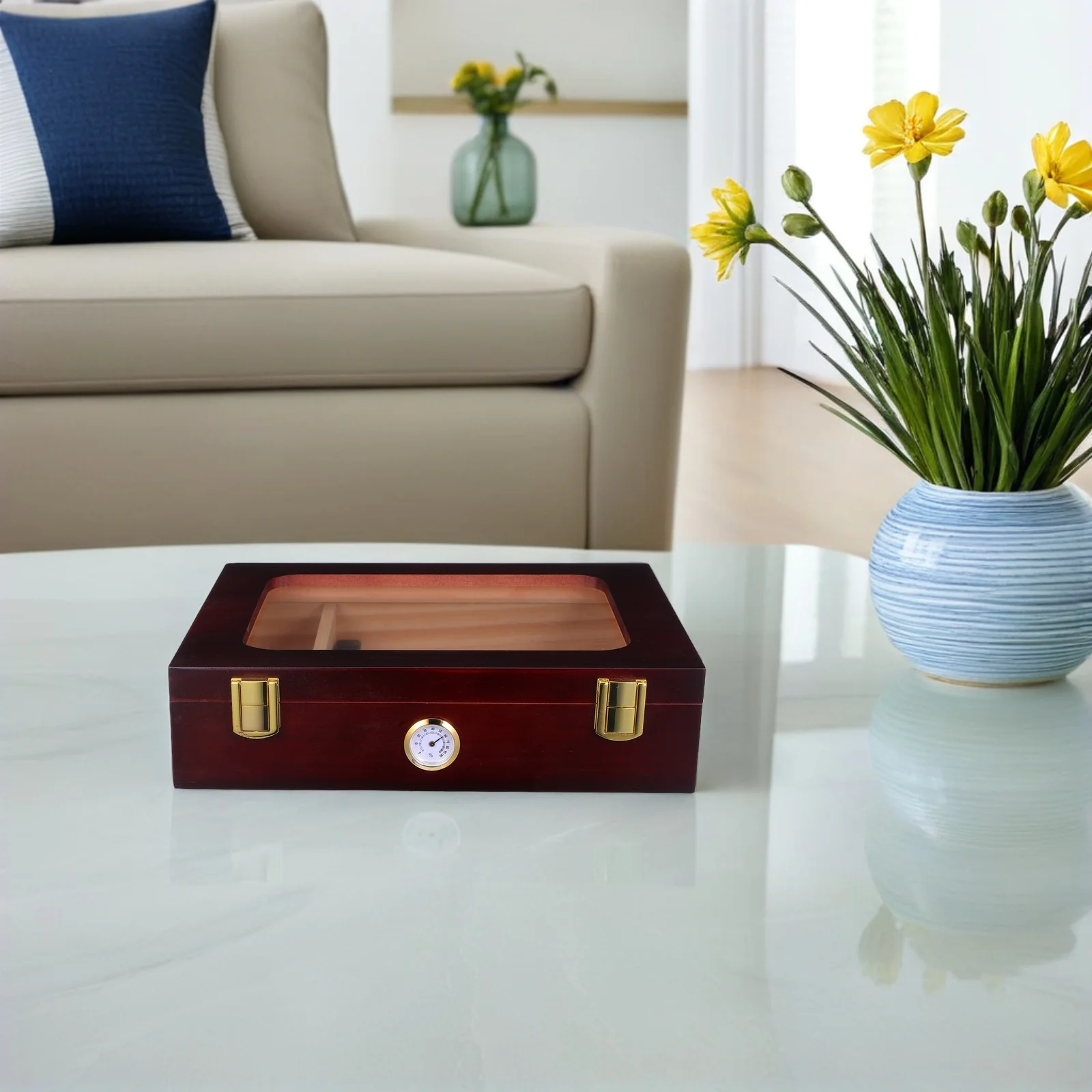 

Storage Box Brown Glass Top With Humidifier Hygrometer Desktop Humidor For Men Outdoor Travel Cigar Case