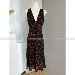 Women's French Resort Dress Black Sexy V-Neck Cherry Printed Backless Silk Maxi Dress