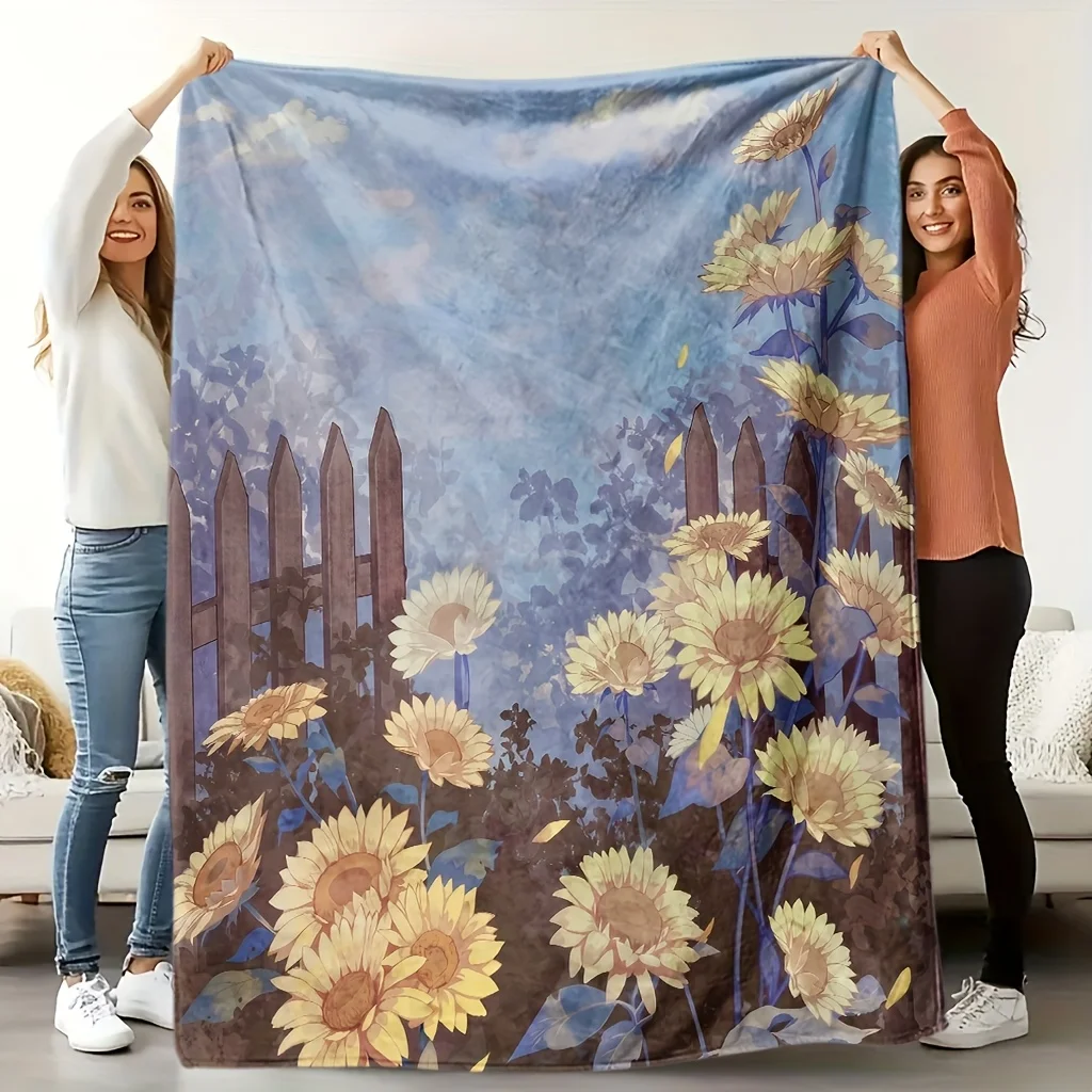 1pc Sunflower Floral Print Flannel Blanket - Soft High-Definition Digital Print, All-Season Cozy Throw for Home & Friends