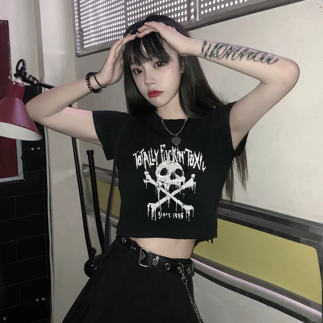 Magliette ritagliate maglietta moda per donna ragazza giapponese Harajuku Streetwear Emo Alt abbigliamento Goth Gothic Horror Skull Tshirt AliExpress