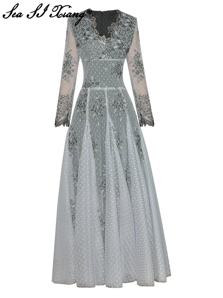 

Seasixiang Fashion Designer Spring Mesh Maxi Dress Women V-Neck Long Sleeves Flower Embroidery High Waist Party Long Dresses