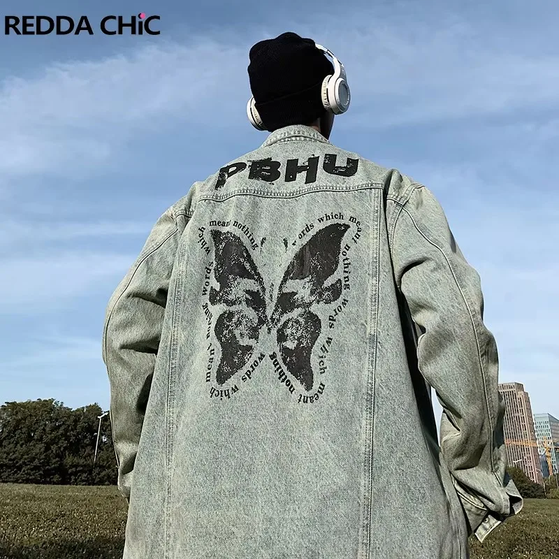 

REDDACHIC Эстетический принт бабочки Джинсовая куртка-бомбер Мужская потертая синяя черная куртка оверсайз Ветровка Ретро Y2k Уличная одежда