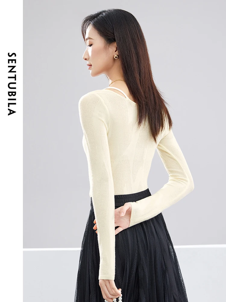 SENTUBILA Spring Simple Hollow Out Round Neck Sweater Long Sleeve Tops 2024 High Strecth Soft Slim Solid Pullovers W41E53097