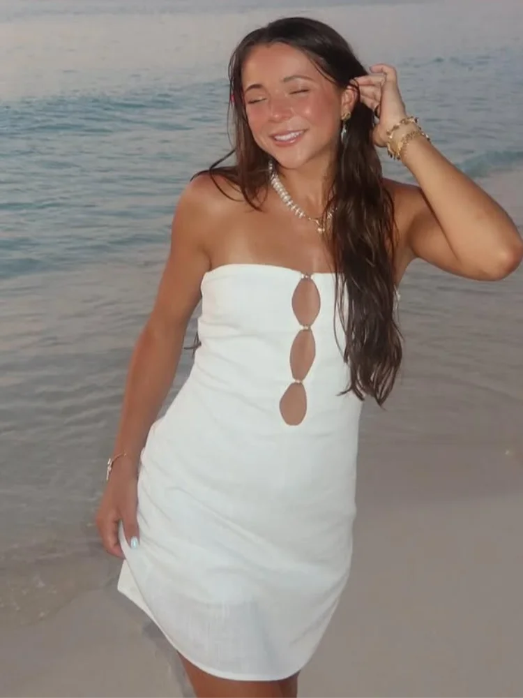 

Women White Strapless Mini Dress Elegant Sleeveless Backless Hollow Out Slim Fit Vestido 2025 New Summer Beach Holiday Lady Robe