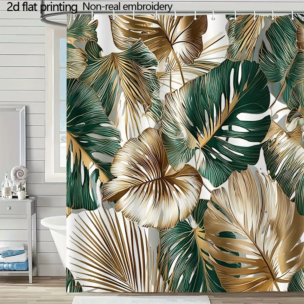 

Золотая шторка для душа с тропическими листьями – Монстера и пальма, металлический принт, 2D плоский, полиэстер, 70,8"x70,8"