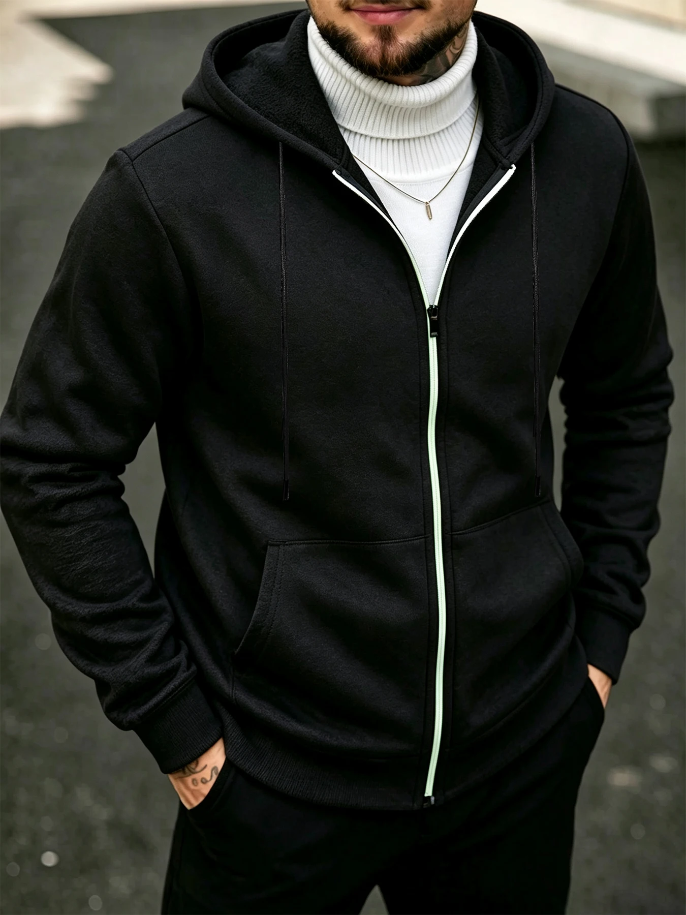 Men's Fleece Lined Hooded Jacket Full Zip Autumn And Winter Warm Casual Coat With Side Pockets Daily Wear
