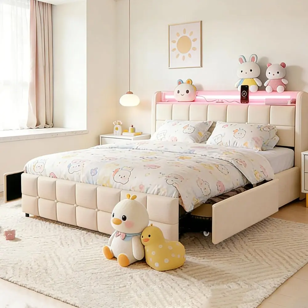 Cama Queen 3 en 1 con LED RGB, Estación de Carga, 4 Cajones, Láminas de Madera, Tapizada en Beige, No Requiere Somier