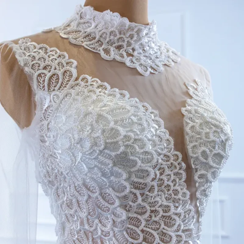 Customized 2025 White Fishtail Wedding Dress High Neck Transparent Mesh Long Sleeves White Lace Back Strap Elegant And Noble