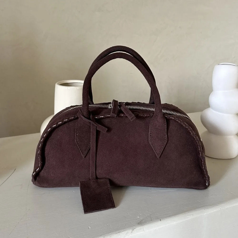 

Genuine Leather Niche Handbag Women's 2025 New Matte Suede Piping Hand-woven Boston Bag Large Capacity Casual Versatile