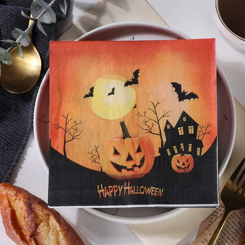 20Pcs/pack Halloween Series Skull Pumpkin Printed Paper Disposable Tableware Napkin Tissues Party Decoration