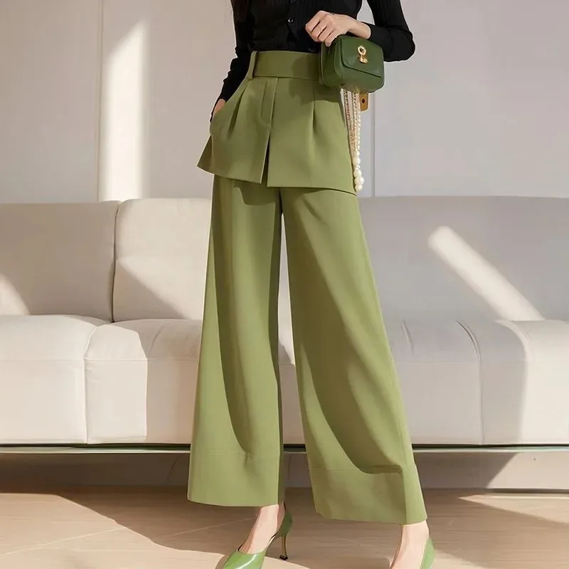 Temperament Fake Two-piece Spliced   apron Style High-waist Wide-leg Casual Women's Autumn New Straight-leg Mopping Trousers