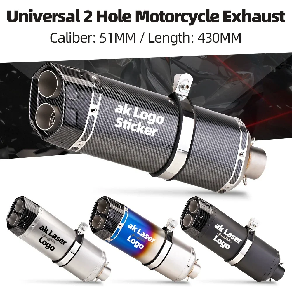 Universal Motocicleta Escape Silenciador Tubo, Aço Inoxidável, Duplo Furo, Escape Modificado, R6 Z900, NINJA400, 2 Buraco, 51mm