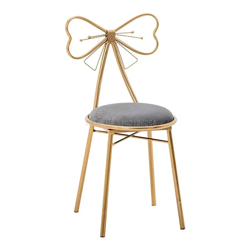 Nordic Princess Backrest Makeup Chair Gold Iron Leg Bow Tie Barstool With Seat Cushion Salon Spa Cafe Pub Kitchen Dressing Chair