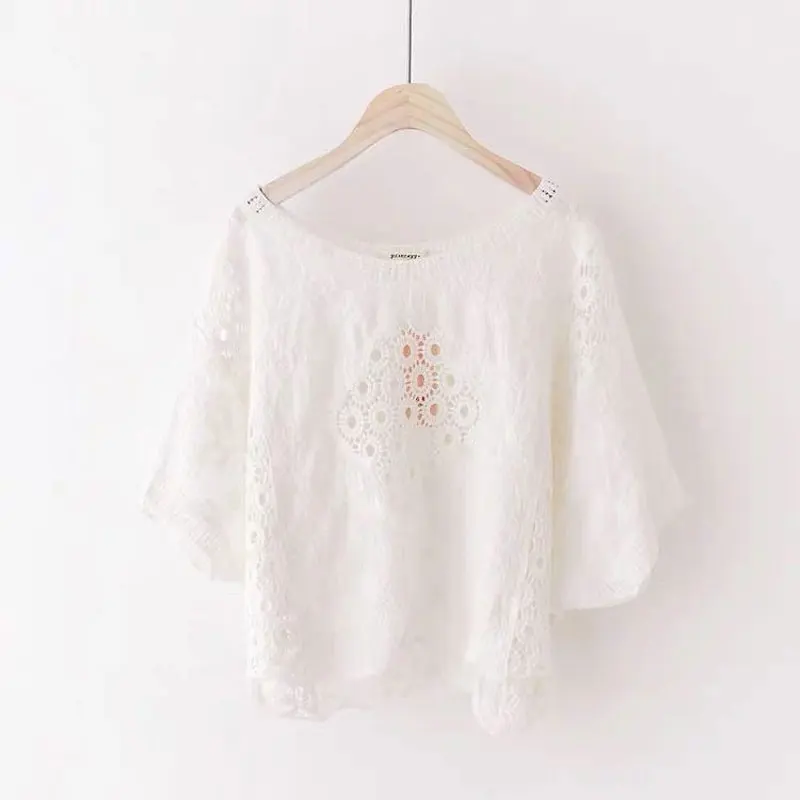 Mori Girl Style Solid Color Loose Blouse 2023 Summer Fashion Hollow Out Casual Round Neck Women\'s Clothing Lace All-match Shirt