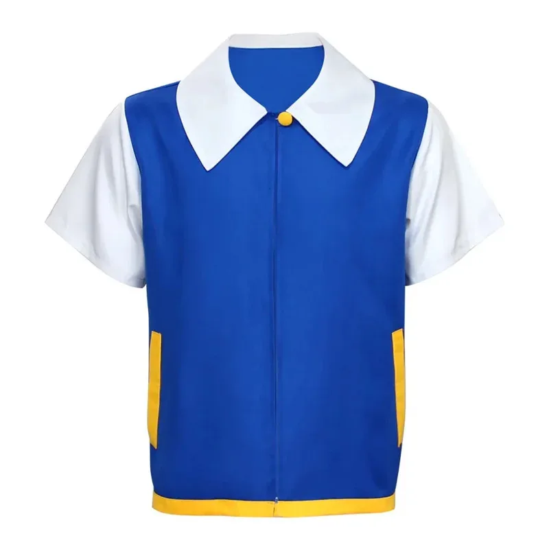 Anime Little Wisdom Elf Ball carnival Costume Ash Ketchum P-Poke Kids Cosplay Costume Halloween Boys Blue Jacket Gloves Hat SETb