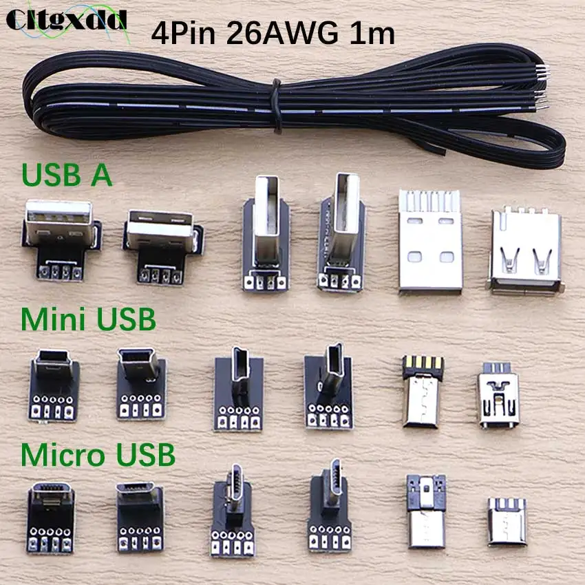 Mini Micro USB A 2.0 Male Plug DIY L-Shaped Elbow Type-C USB Data Power Supply Soldering Connector 4Pin 26AWG Ribbon Cable 1m