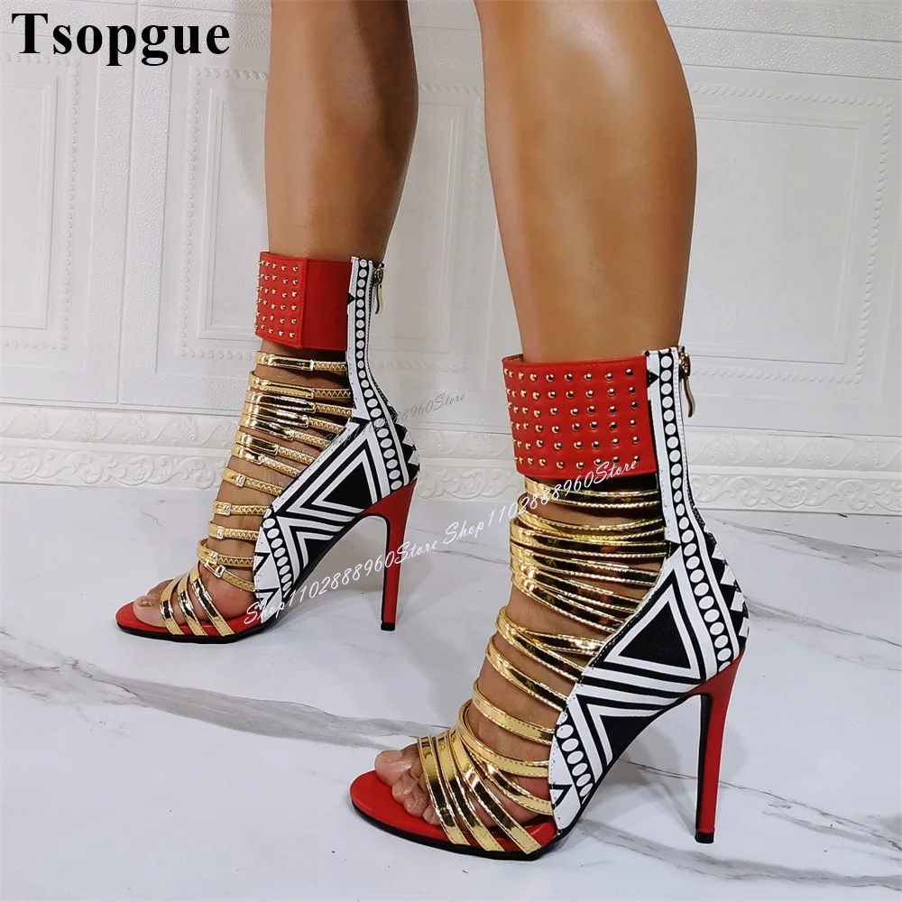 Mixed Color Roman Narrow Band Sandals Stilettos High Heel Women Shoes Back Zipper Open Toe 2024 Fashionable Zapatos Para Mujere