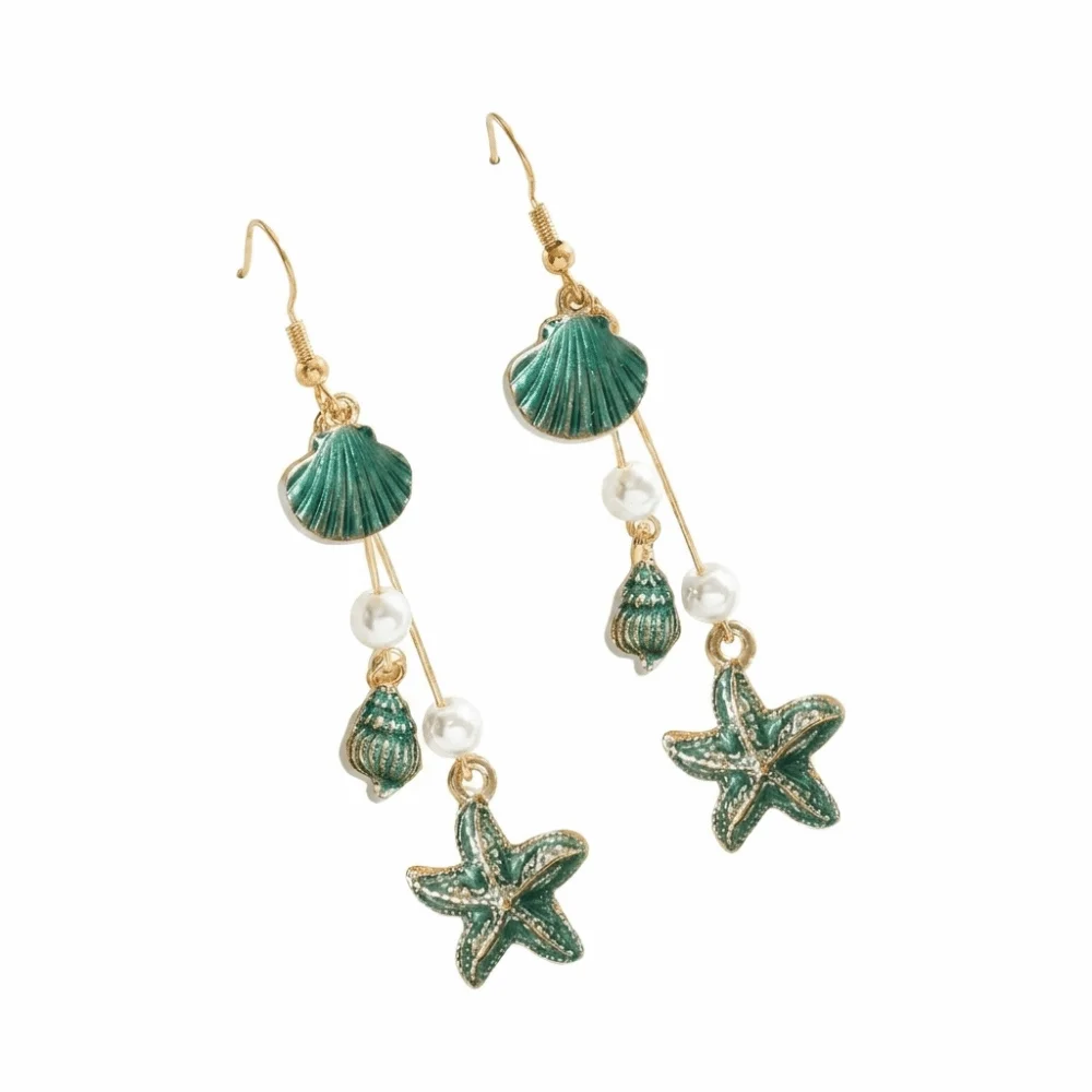 Bohemian Style Alloy Starfish Drop Earrings Conch Shell Long Tassel Earrings Geometric Shape Elegant Dangle Earrings Daily Wear