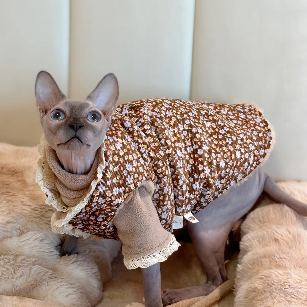 Small floral Khaki Cotton Jacket Coat Suit for Sphynx Cat in Winter thick warm Sweater for Kittens Soft Lace Coat for Female Cat