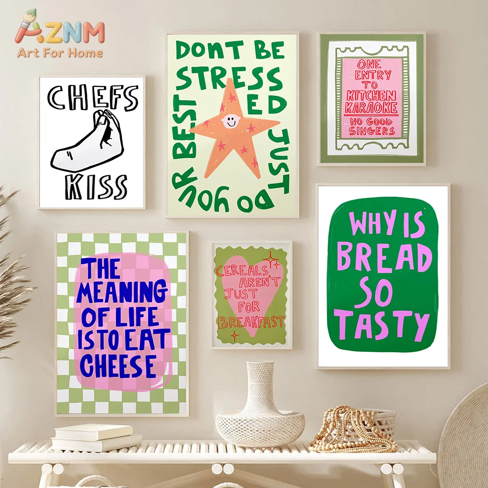 AZNM Cute Colorful Funny Food Quote Canvas Wall Art Print, Pink Green Checkerboard Star Heart Retro Text Kitchen Dining Room Tre
