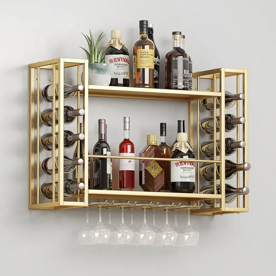 Wall Mounted Wine Rack, Wine Rack Wall Mounted with Wine Glass Rack, 2Tier MultiFunctional Shelf for Home Restaurant Bar Storage