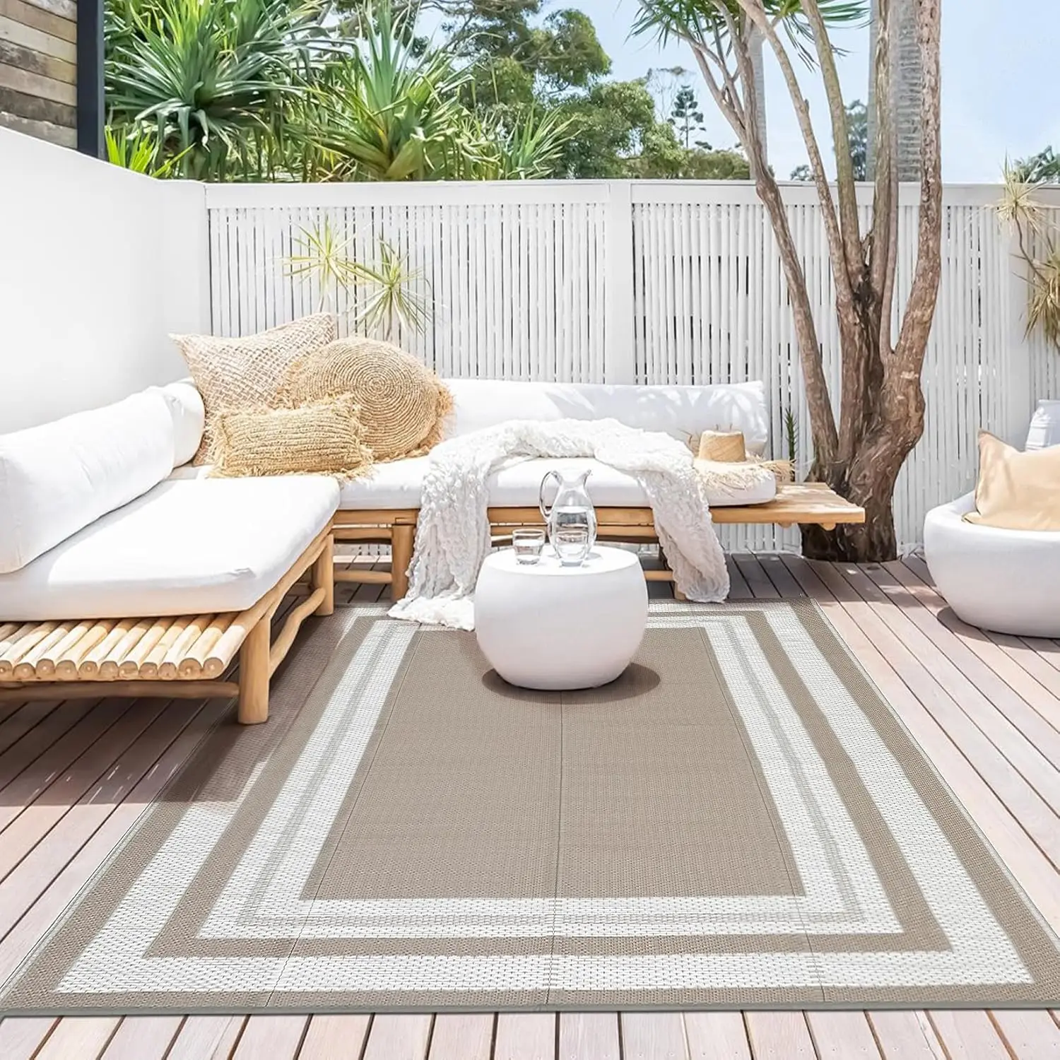8x10 Outdoor Rug – Waterproof Plastic Straw Reversible Mat, Easy Clean Foldable Lightweight Large Area Rug, Perfect for Patio, Porch, Backyard, Camping, RV, Beach, Balcony – Gray Coffee/White
