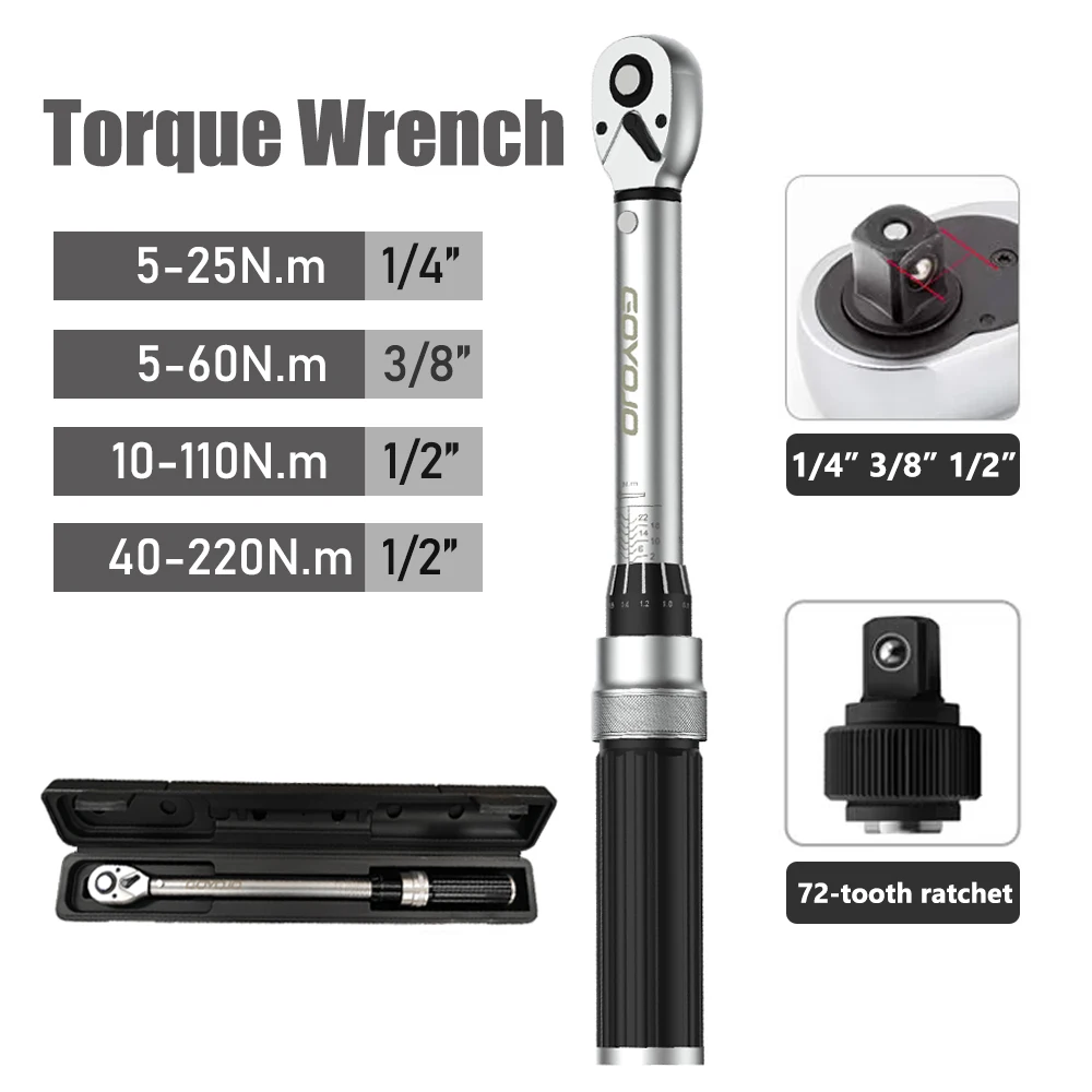 1/4” 3/8” 1/2” Square Drive Torque Wrench 40-220N.m Accuracy 3% Bike Car Repair Hand Tools Spanner 5-60N.m Two-way Ratchet Key