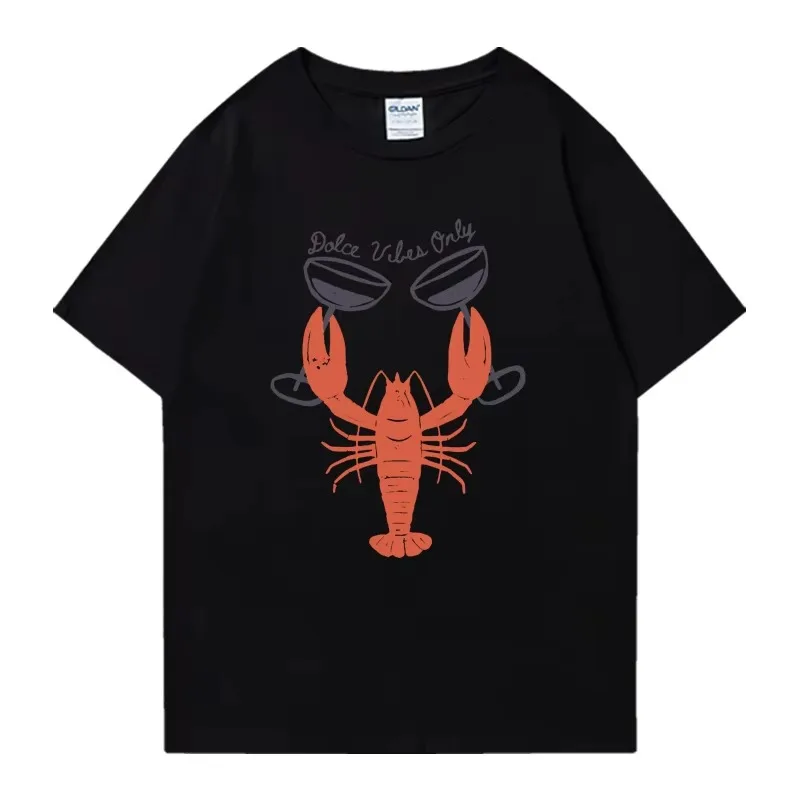 Hot Sale Lobster and Wine Glass Graphic Print Short Sleeve Tee Shirt Summer Top Women Oversized Unisex T-shirt
