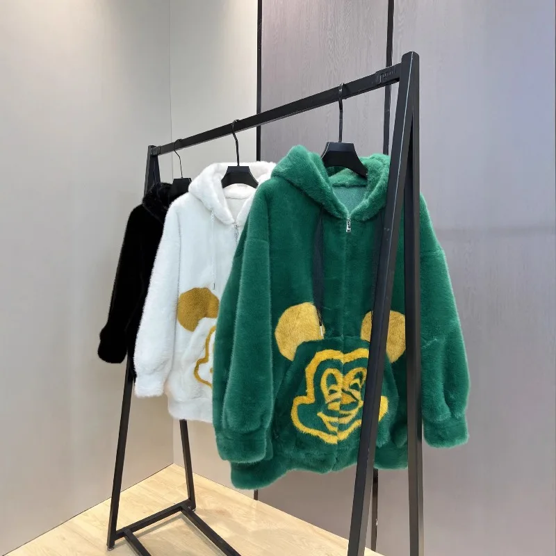 Winter 2025 New European Mink Velvet Color Block Hooded Casual Cartoon Pattern Zipper Jacket Women's Faux Fur Coat Furry Sweater