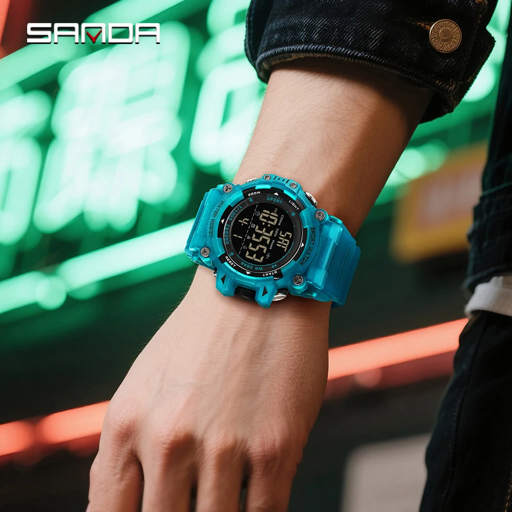 SANDA جديد 6290 ساعة إلكترونية للرجال رياضية مقاومة للماء متعددة الوظائف ضوء الليل الموقت ساعة إلكترونية للرجال ساعة تنبيه