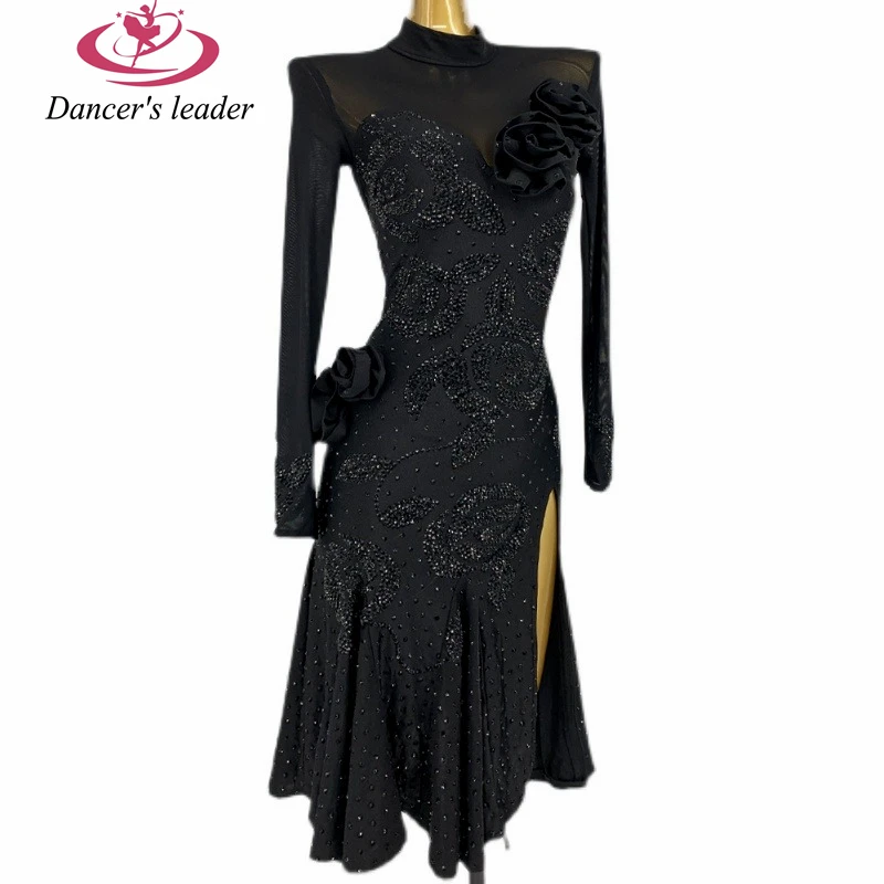 Latin Dance Dress High-end Custom Long Sleeve Mesh Ball Handmade Flower With Diamond Tango Adult Stage Professional Clothing