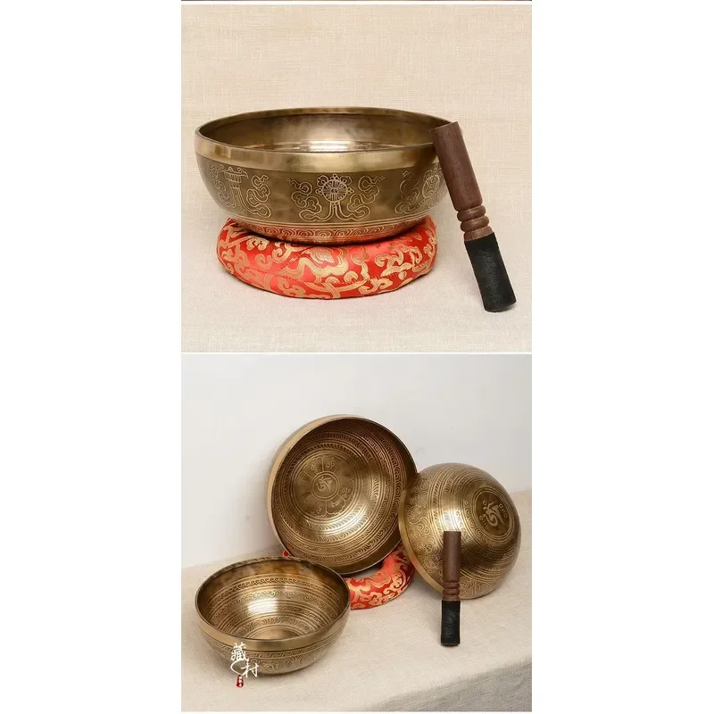 Handmade Tibetan Singing Bowl Brass Chakra Healing Meditation Sound Therapy Antique Carved Copper Chime Craft for Yoga