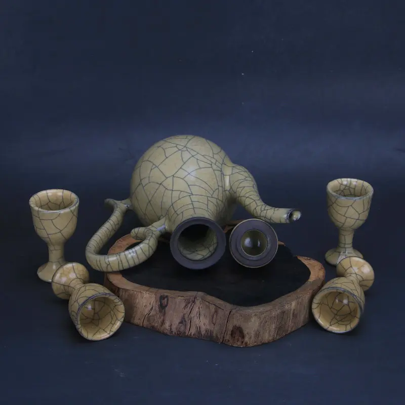 Chinese Song Dynasty Style Ge Ware Yellow Glazed Moonlight Wine Set 1 Pot 4 Cups Golden Iron Wire Crackle Home Decor