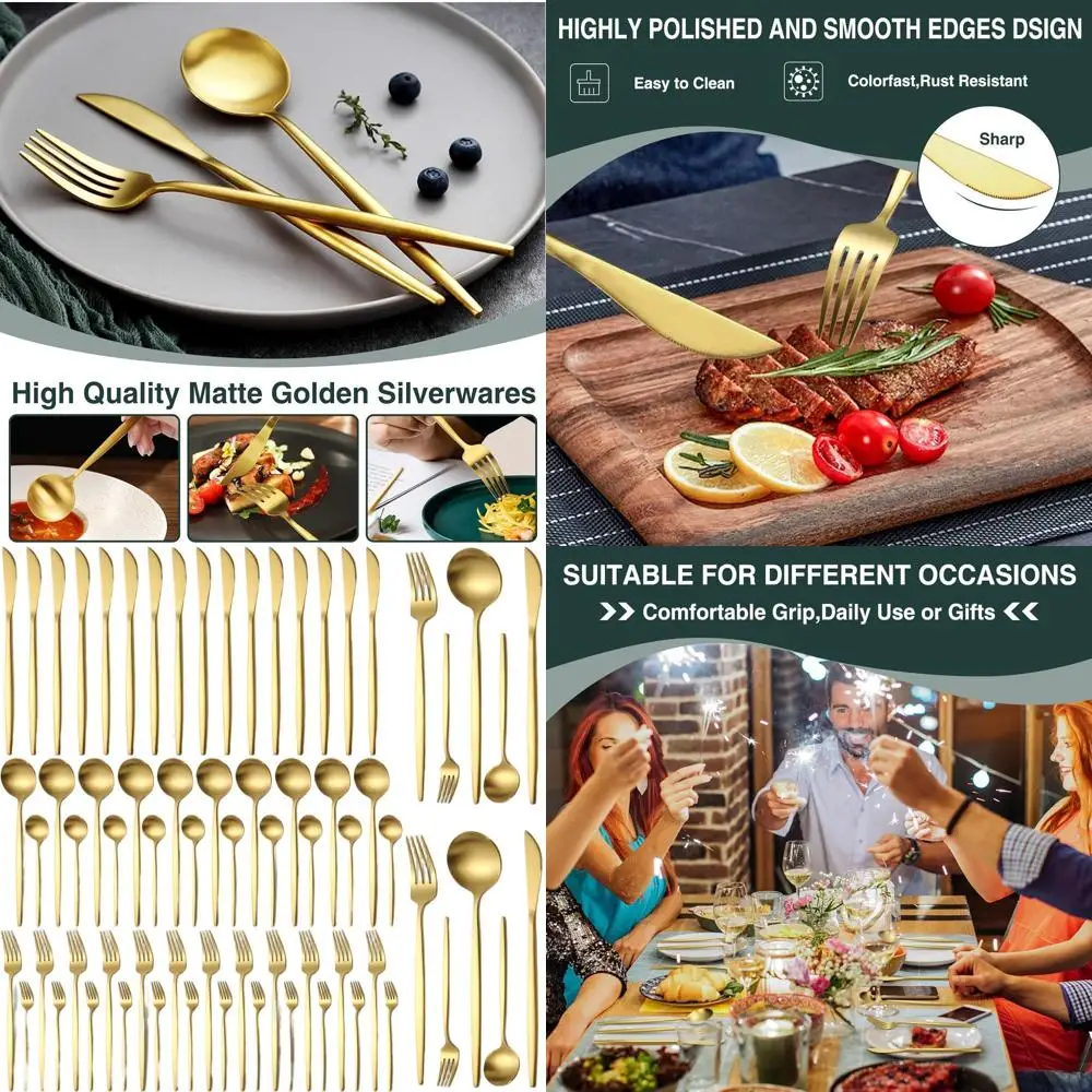 

12-Person Stainless Steel Silverware Set with Gold Accents, Complete Cutlery for Home & Restaurant Use, Dishwasher Safe