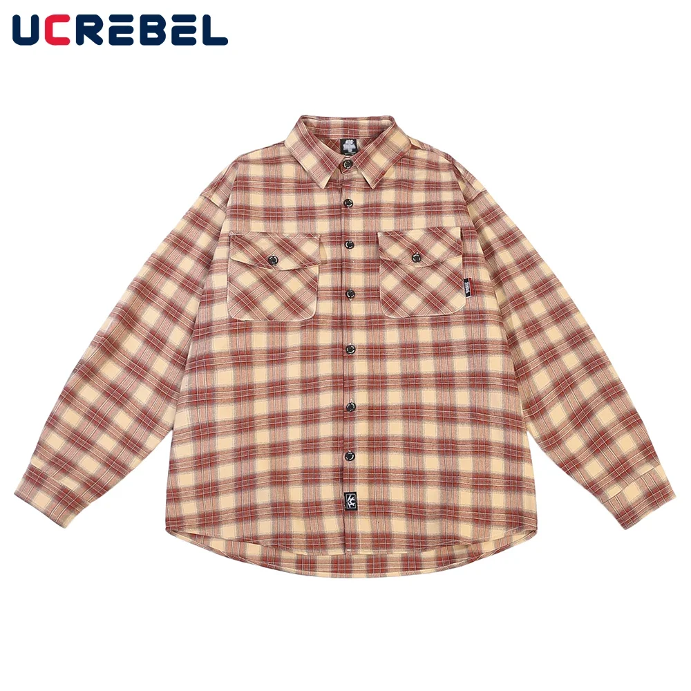 Curved Hem Loose Plaid Shirt Mens Safari Style Casual Long Sleeve Pocket Shirts Men Autumn