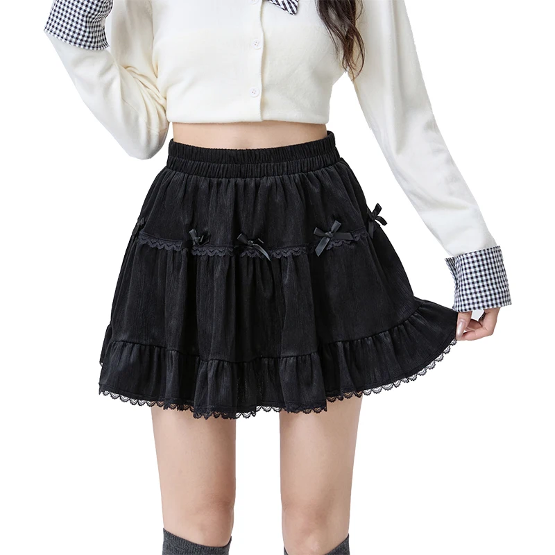 

Y2K Cake Skirt Women Velvet Bow Detail High Waist Fluffy A Line Ruffle Hem Sweet Winter Party Dress