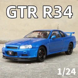 1/24 GTR-R34 Sport Car Model Toy Alloy Diecast Simulation Sound Light Pull Back Front Wheel Steering Vehicle Model for Kids Gift