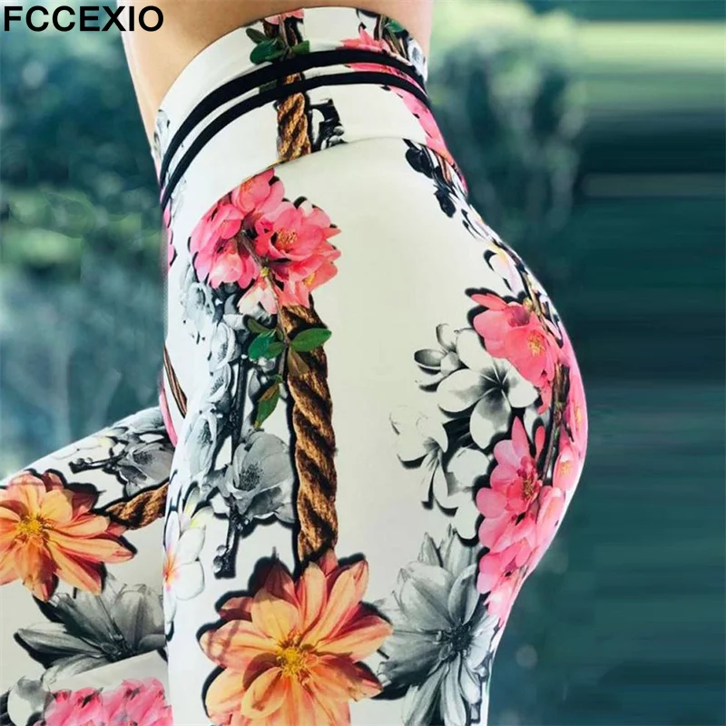 FCCEXIO-Calças justas com flores de aquarela para mulheres, leggings push-up, calças casuais, leggings sexy de fitness, calças esportivas, impressão 3D