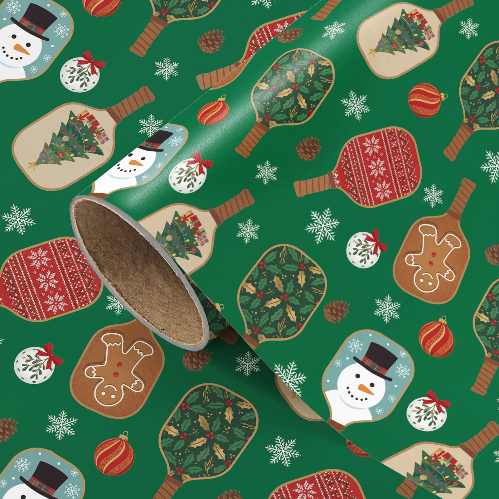 1 Roll of Christmas and New Year Gift Wrapping Paper, Classic Green Background, Creative Pickleball Racket, Snowman, Gingerbread Man, Christmas Tree, Colorful Balls, Pine Cones, Snowflake Prints, Suitable for Family, F