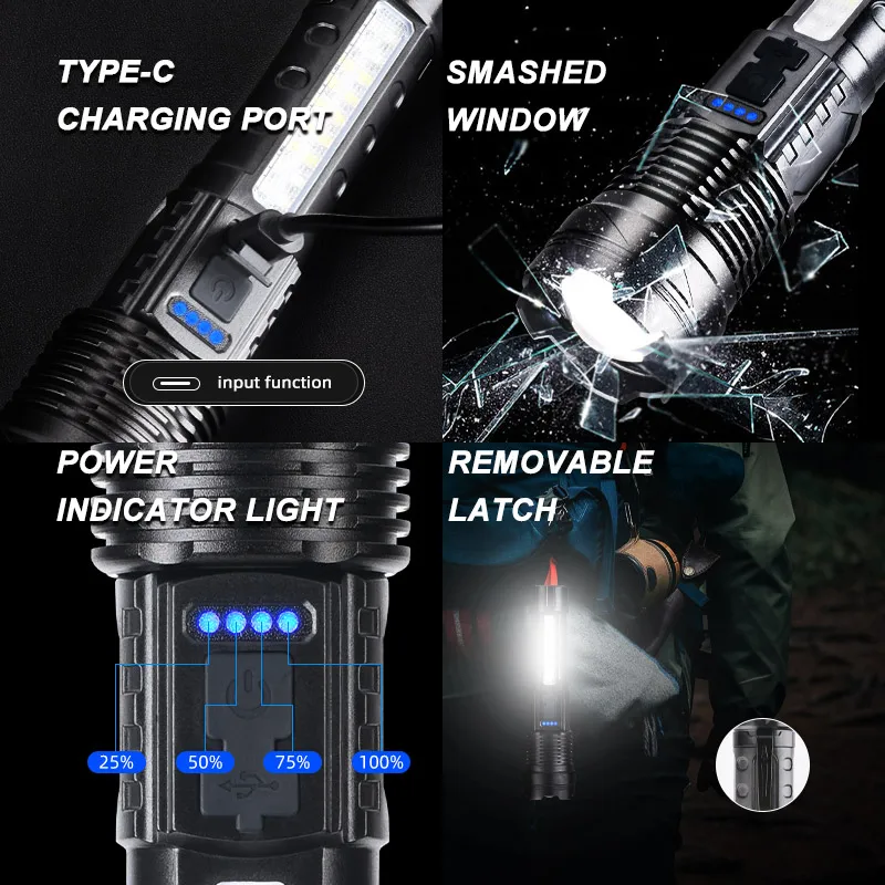 COBA Highpower Multimode Flashlight Emergency Tactical Power Display Light P50 18650 Built-in Rechargeable T6+COB Torch