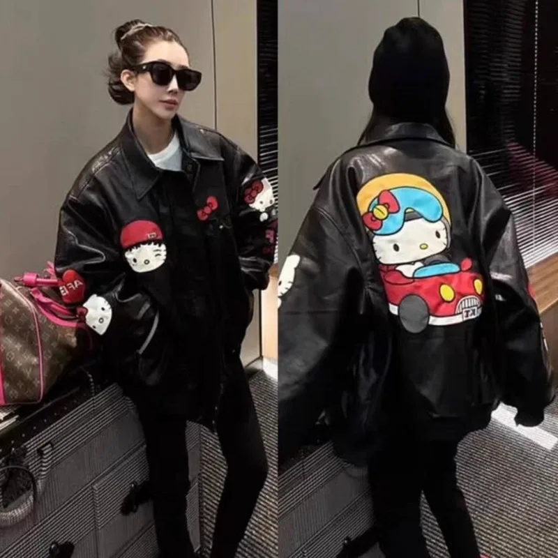 Sanrio Hello Kitty Cute Cartoon Leather Jacket For Women Autumn Winter New Embroidery Cotton Loose Versatile Trendy Niche Jacket