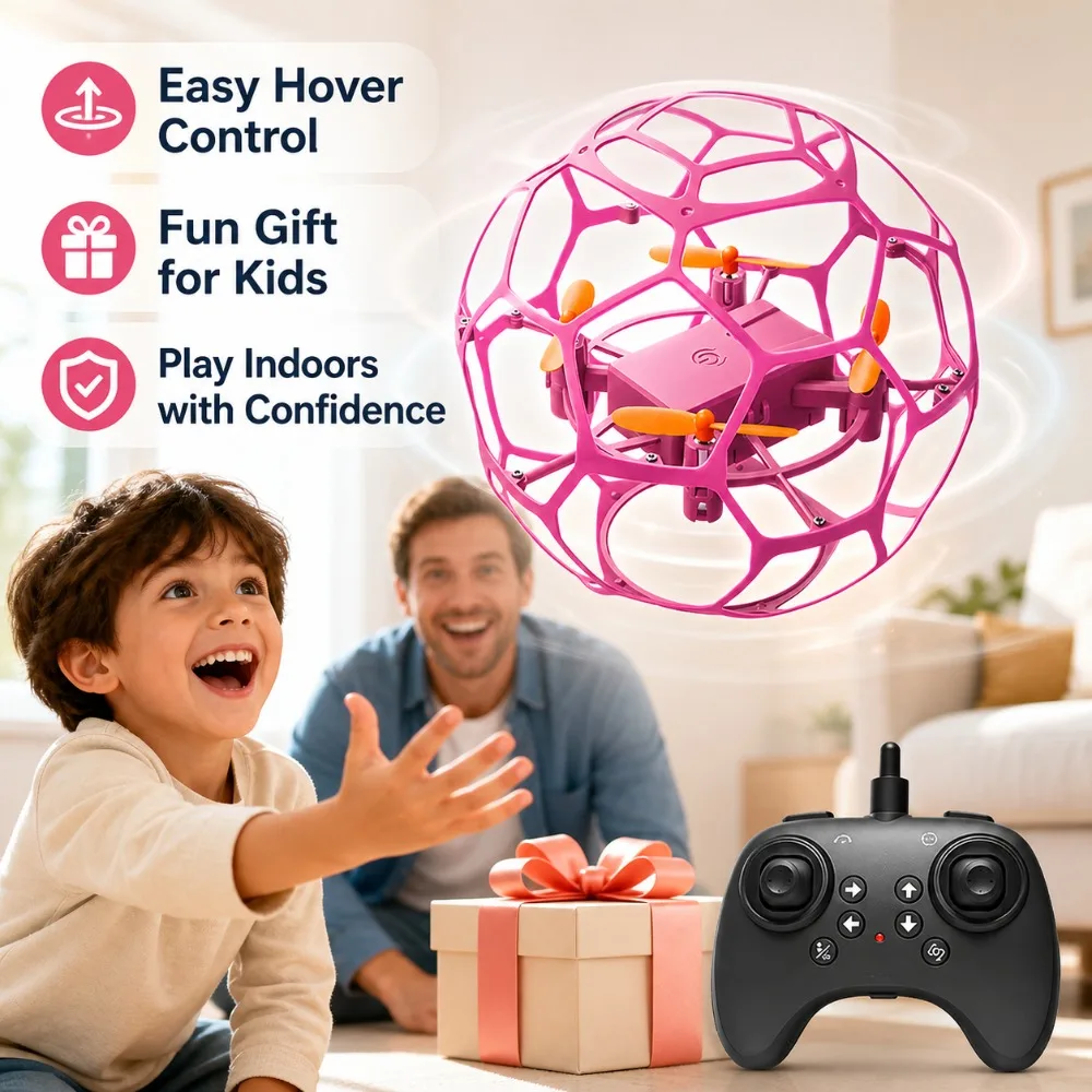 Football Shape RC Drone Quadcopter with LED Lights for Kids Beginners, 360° Crash Resistant Spherical Flying Ball Toy